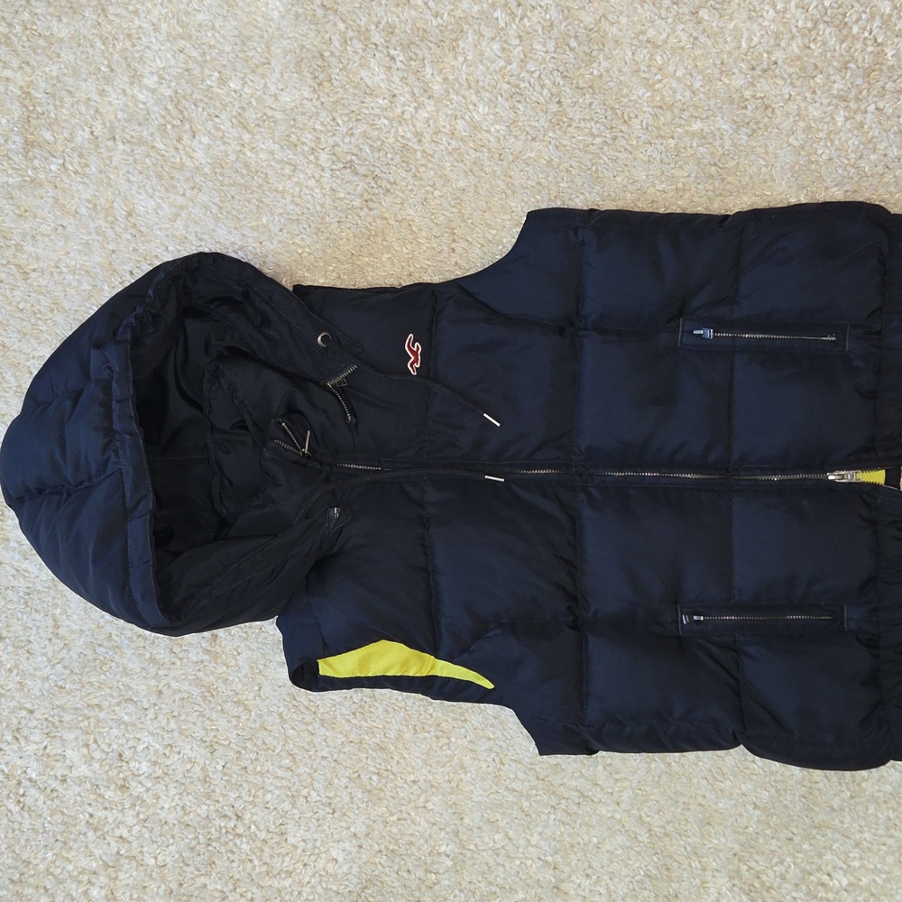 Hollister Kids Navy Hooded Vest With Lime Green Interior, Size Kids Large